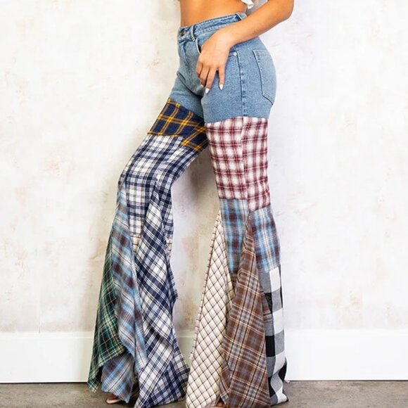 Rehab Lab Denim - NWT! REHAB LAB Plaid Patchwork Mixed Media Flannel Flare Leg Denim Jeans Pants